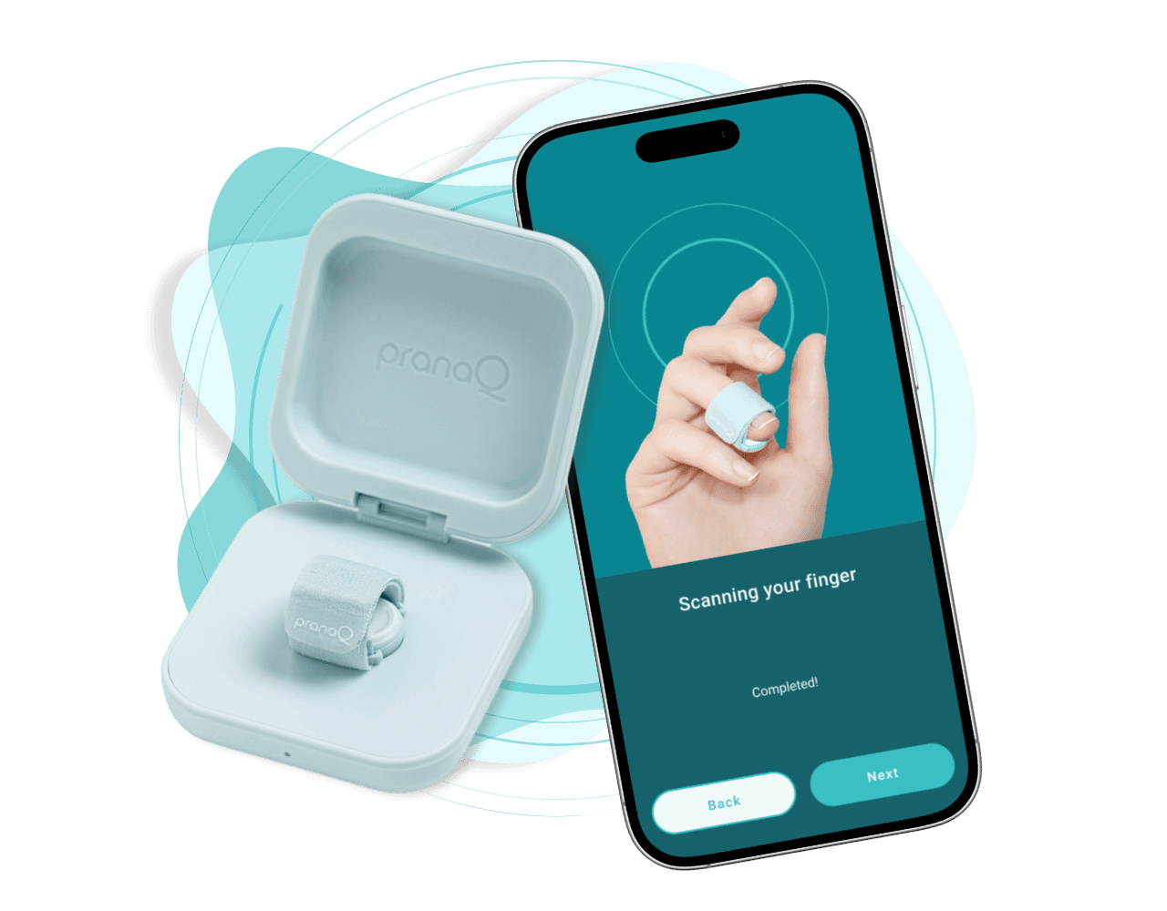 Open TipTraQ charging case with the soft fabric finger sensor, beside the companion app