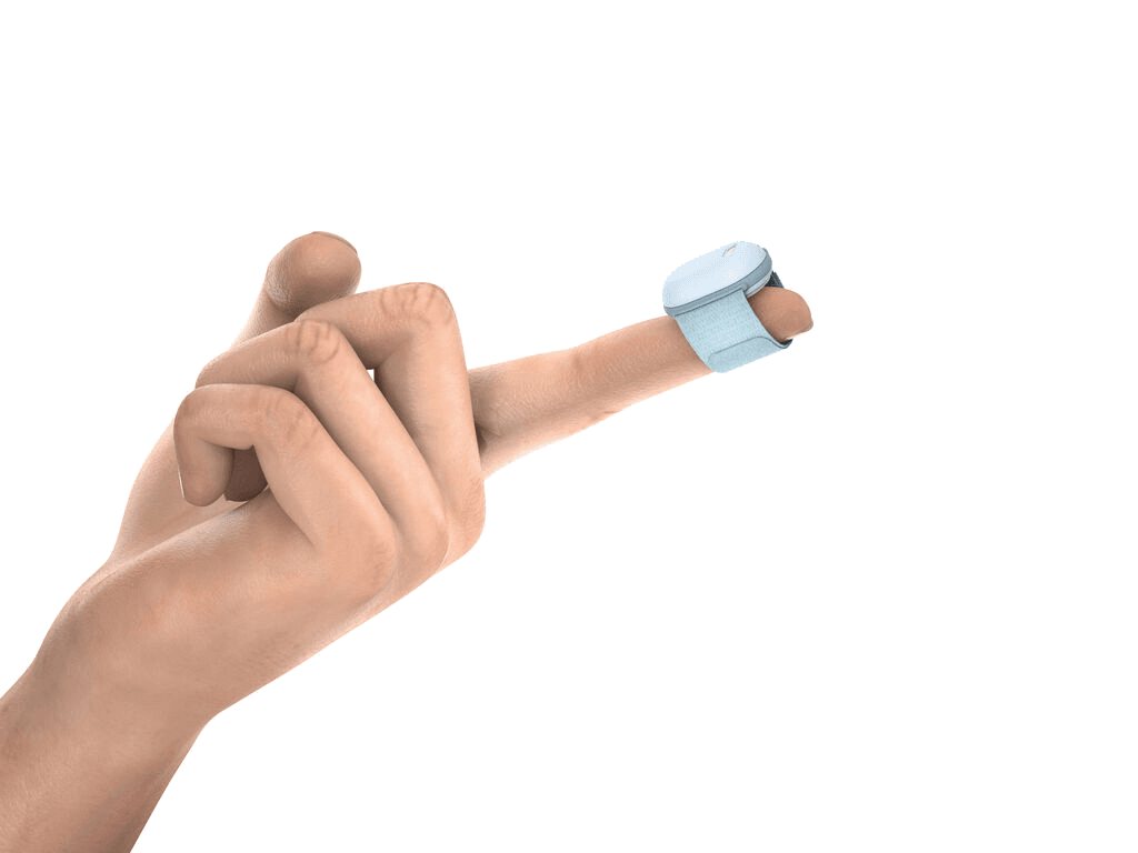 A hand wearing the soft TipTraQ fabric sensor around the finger