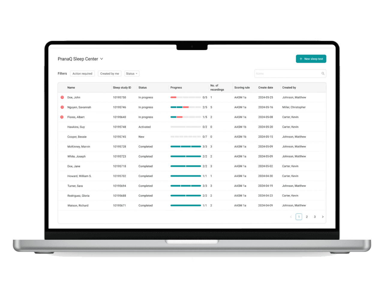 TipTraQ sleep centre dashboard listing each night’s recording progress